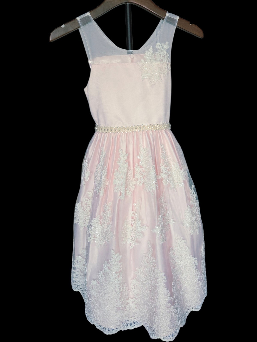 American Princess Light Pink Pageant Dress with White Lace & Pearl Belt